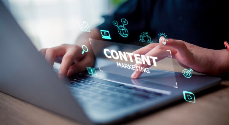 Content marketing concept with a woman working on a laptop on a Content marketing concept with a woman working on a laptop on a futuristic virtual interface screen.