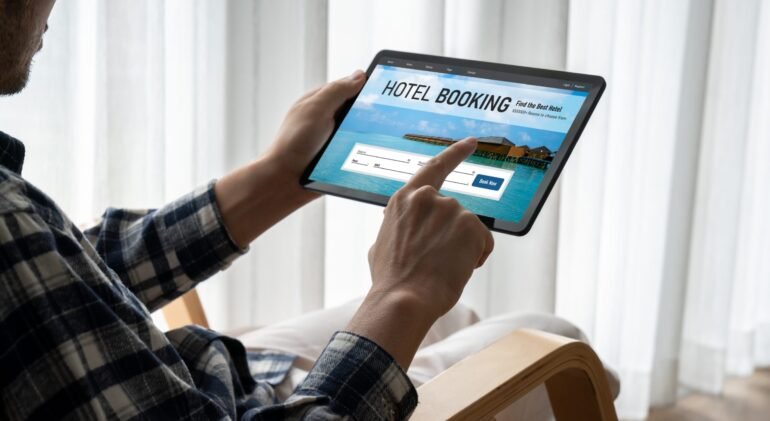 Online hotel accommodation booking website provide modish reservation system Online hotel accommodation booking website provide modish reservation system . Travel technology concept .