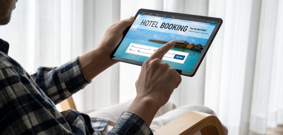 Online hotel accommodation booking website provide modish reservation system Online hotel accommodation booking website provide modish reservation system . Travel technology concept .